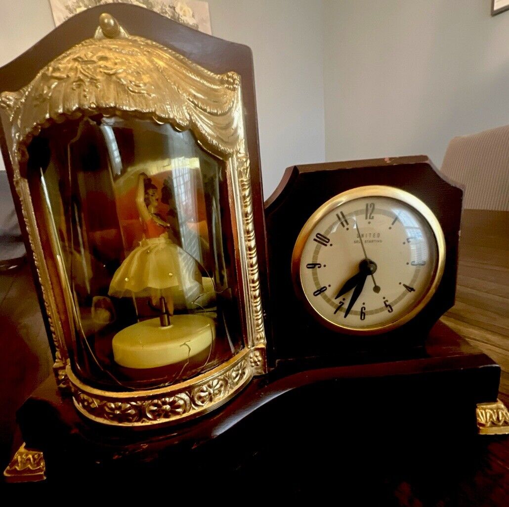 Works Vintage United Dancing Ballerina Clock Motion Lighted Music Box 1940s