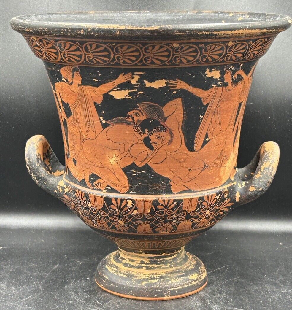 Vintage Terracotta Amphora Ancient Greek Vase Louvre Replica HERACLES & ANTAIOS