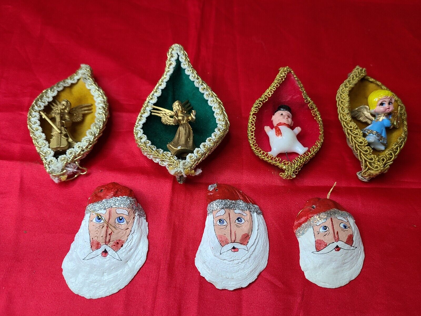 4 Vtg Handcraft XMAS Angels Snowman milkweed pods 3 Signed OysterShell Ornaments