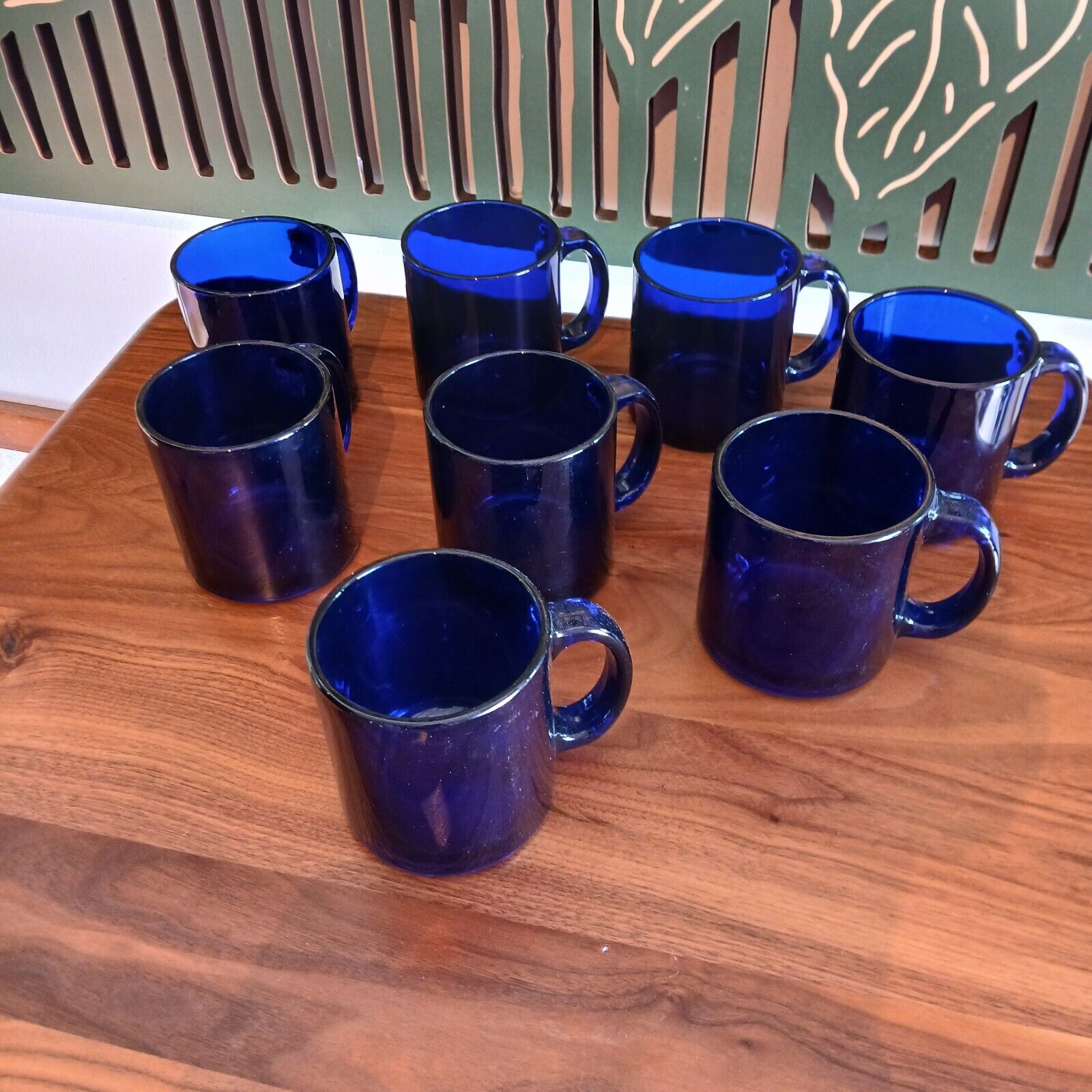 Retro Vtg. Cobalt Blue Glass Coffee Mugs Cups Set of 8 Made in USA 12 oz
