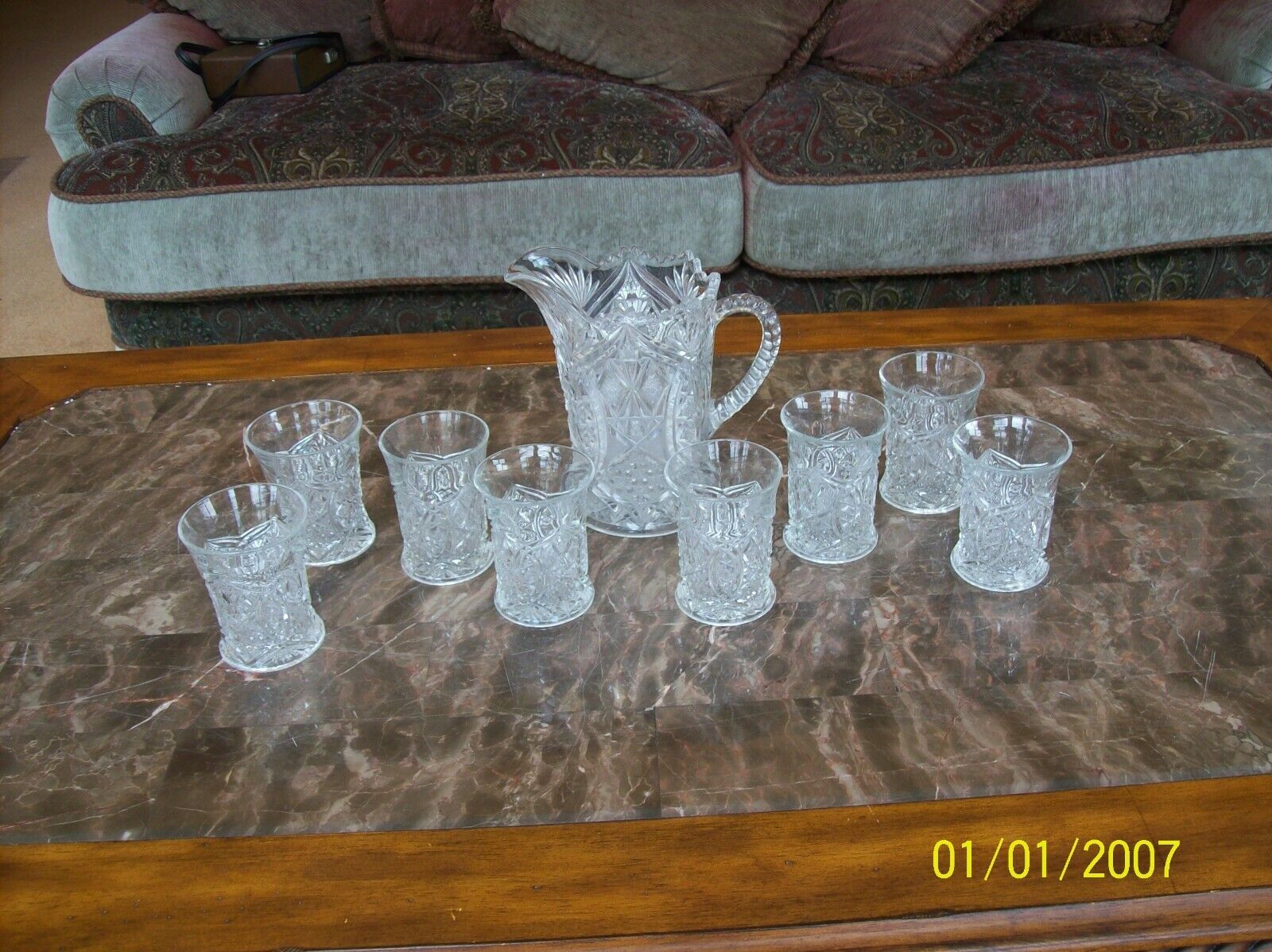Early American Pressed Glass Water Pitcher & Eight Glasses Lovely Unique Design
