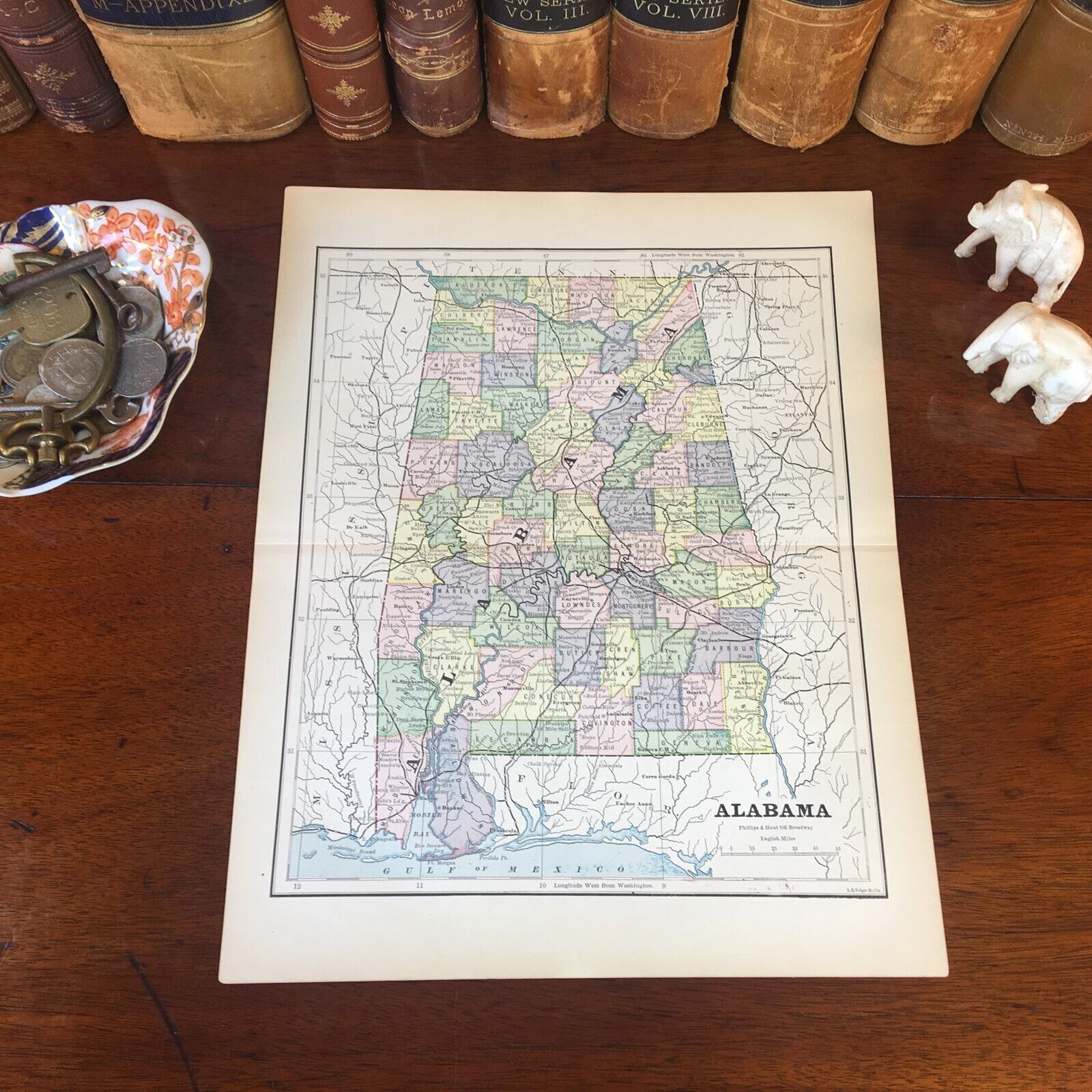Original 1885 Antique Map ALABAMA Montgomery Mobile Tuscaloosa Huntsville Hoover