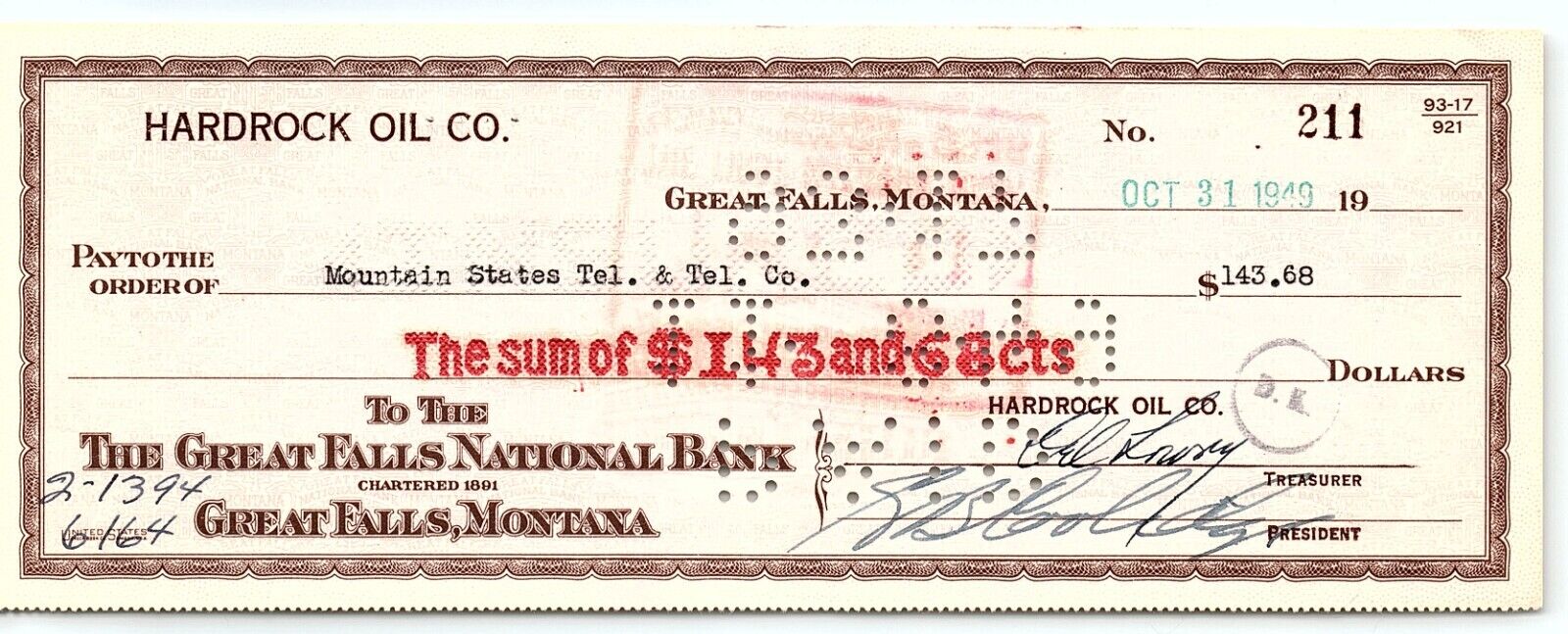 1949 GREAT FALLS MONTANA HARDROCK OIL CO NATIONAL BANK CHECK Z1636