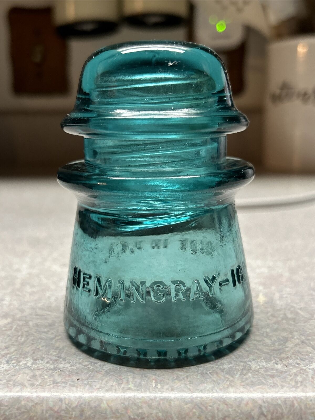 Antique Glass Insulator Hemingray-16 Aqua Color With Textured Base, Clean