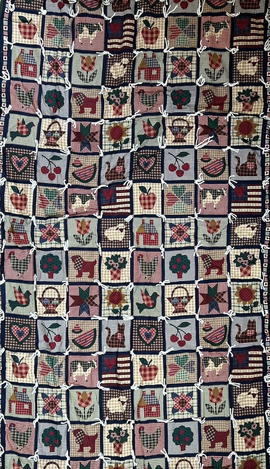 VINTAGE Hand Tied HAND STITCHED Patchwork Americana Quilt 70x41 & Pillowcase Set