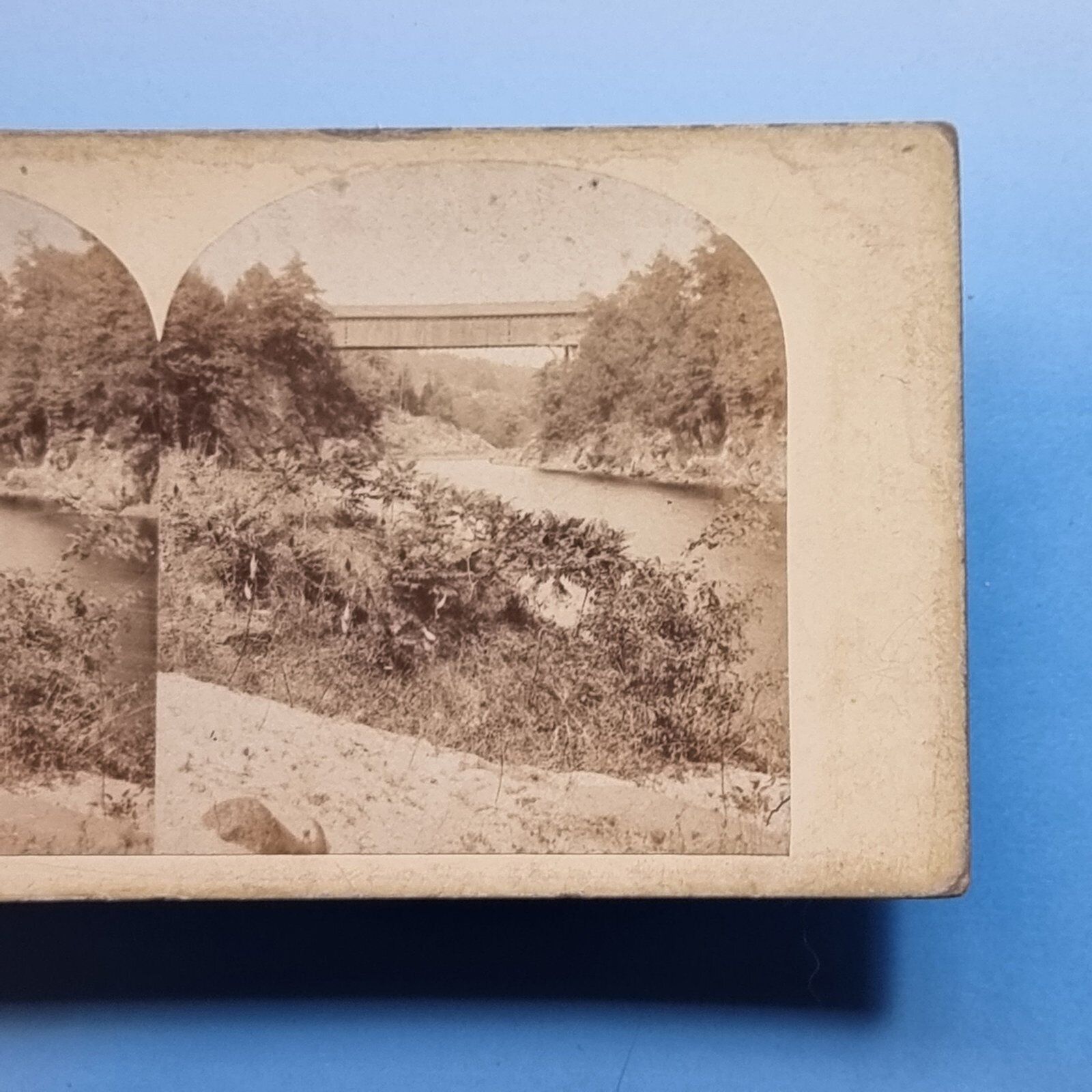 Croton NY Stereoview 3D C1880 Real Photo Old Quaker Covered Bridge Lost 1894 USA