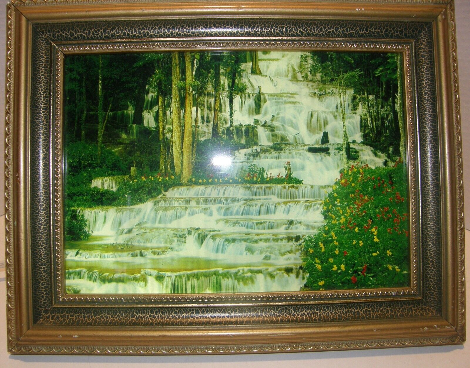 Vintage Framed Light Up Motion Waterfall Tabletop Picture With New Light Bulb