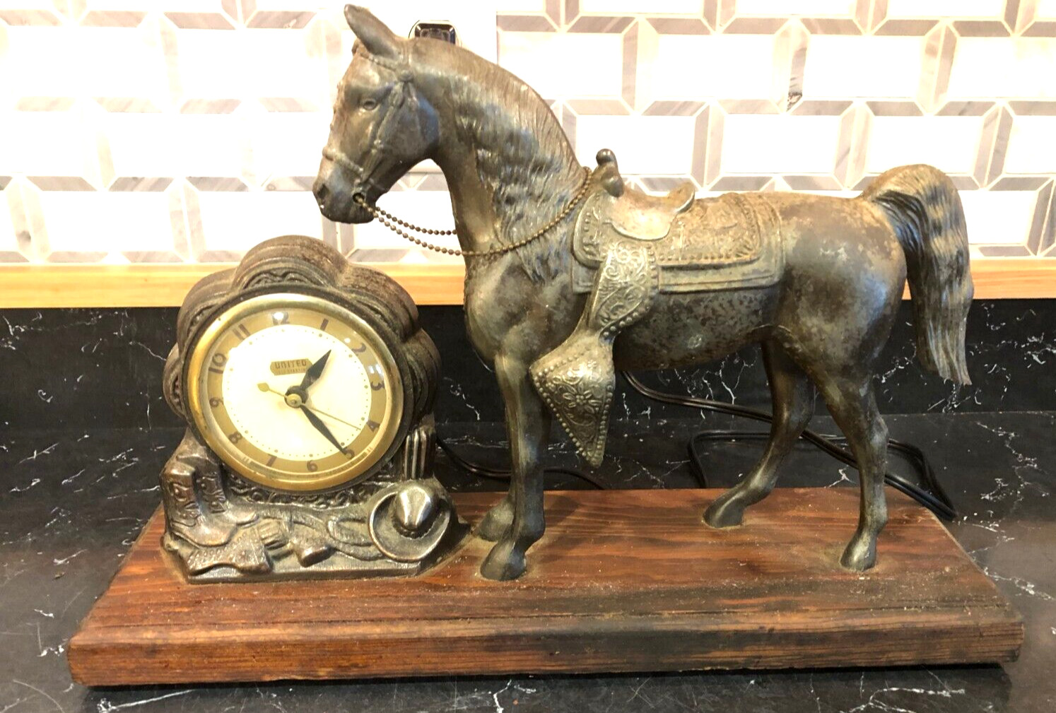 Vintage 1950's United Clock Bronze Horse Mantel Clock Works
