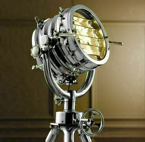 Vintage Industrial DESIGNER Chrome Nautical SPOT LIGHT Tripod Floor LAMP Décor