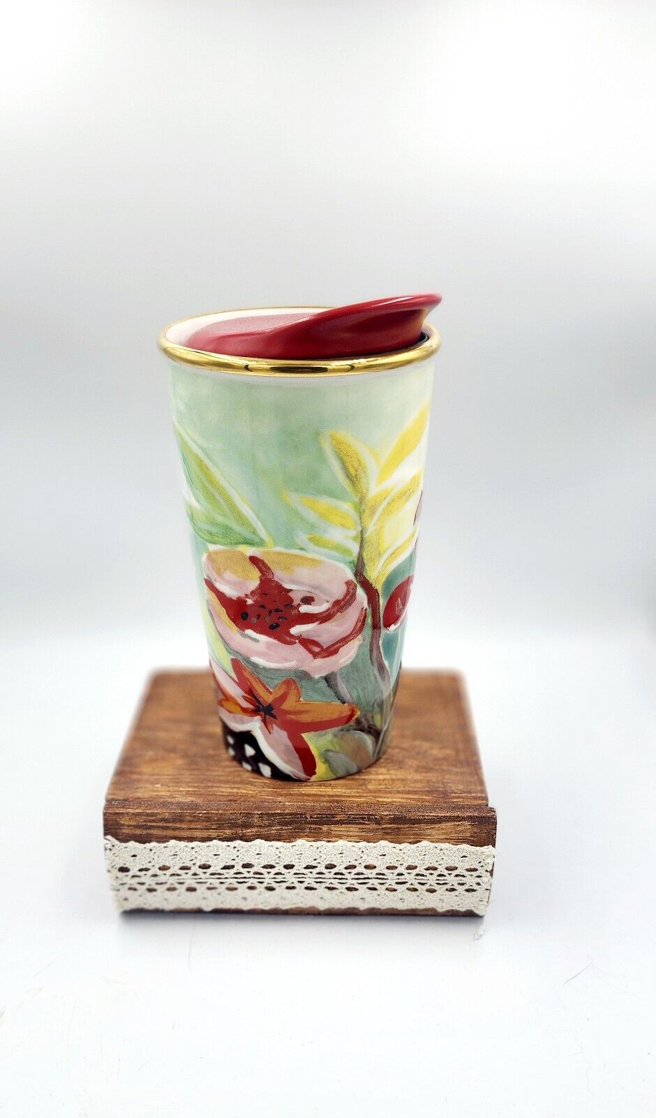 Starbucks 2014 Watercolor Tumbler Floral Ceramic Gold Rim 10oz with lid