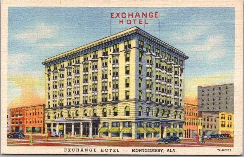 Montgomery, Alabama Postcard EXCHANGE HOTEL Street View / Curteich Linen 1937