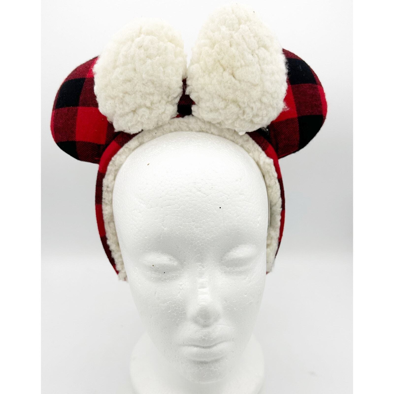 Disney Parks Minnie Mouse Buffalo Plaid Flannel Plaid Ears Sherpa Bow *Rare*
