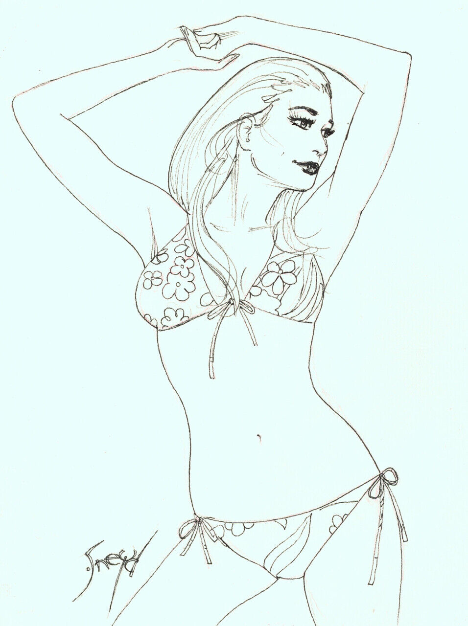Playboy Artist Doug Sneyd Signed Original Art Sketch Girl w/ Floral Bikini 