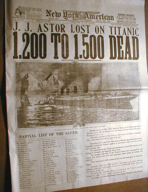 1912 reprint newspaper THE TITANIC SINKS w Best Headline & photo of the DISASTER