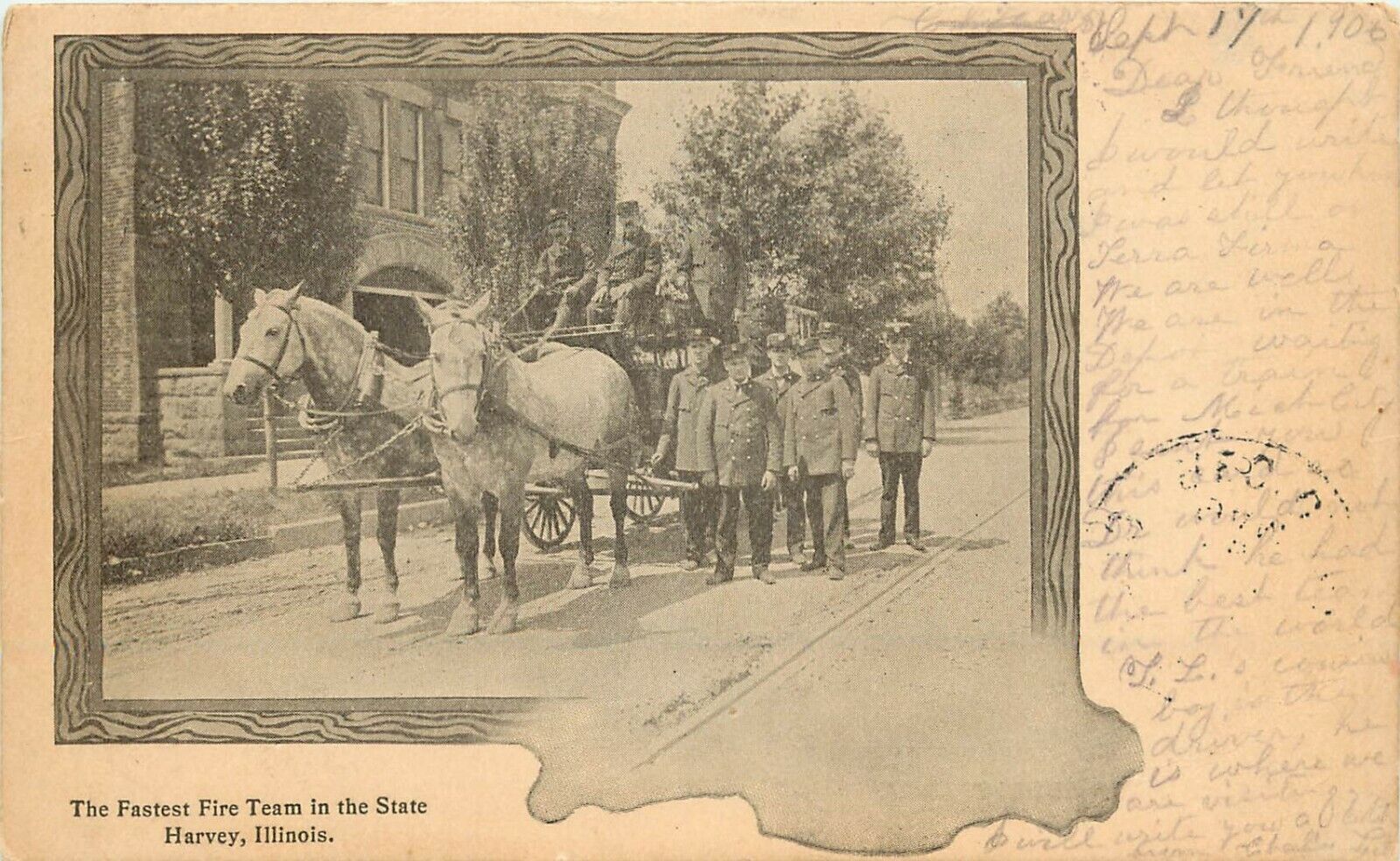 c1906 Postcard Fastest Horsedrawn Fire Dept. Team in the State, Harvey IL 