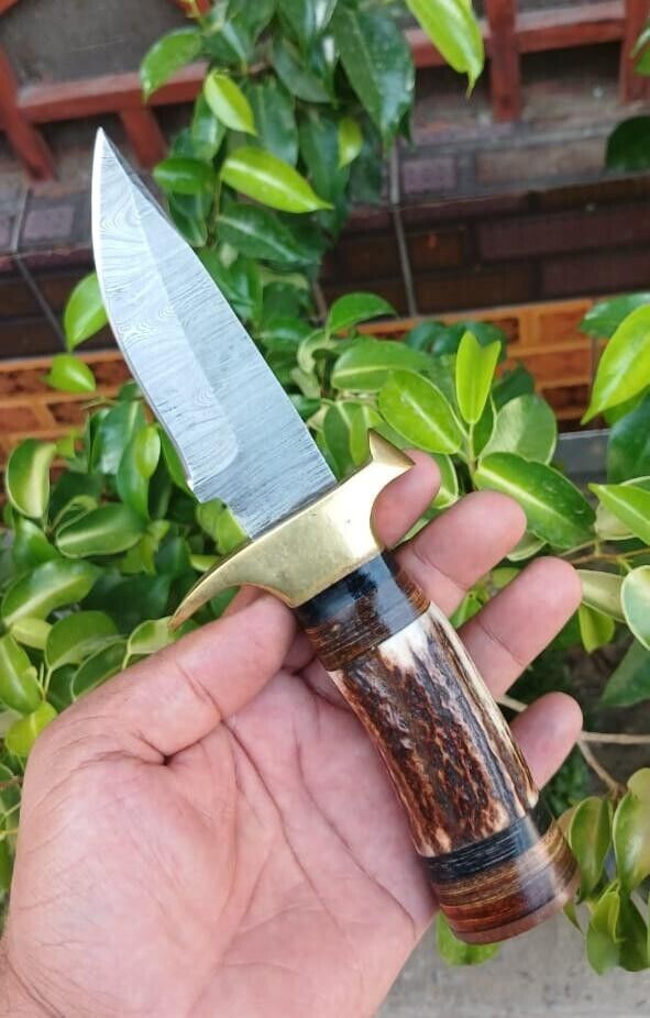Unique Custom Handmade Damascus Steel Blade Stag Horn Handle Hunting Bowie Knife