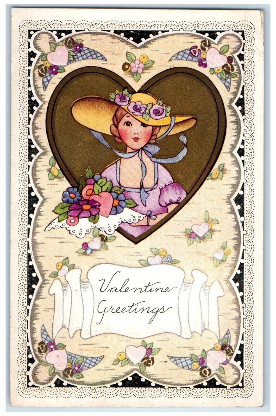 c1920's Valentine Greetings Heart Pretty Woman Big Hat Embossed Antique Postcard