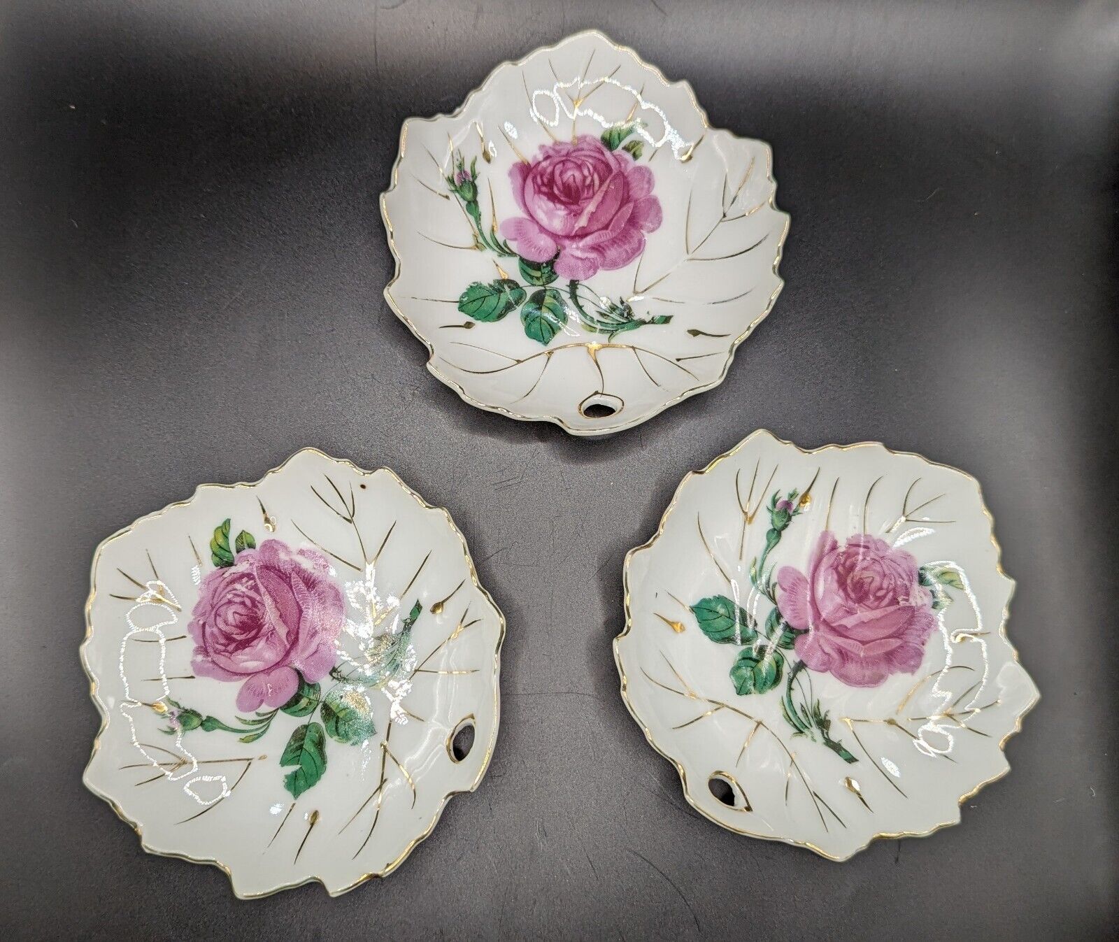 Berkshire Fine China Set Of Three Leaf Shaped Rose Patterned Trinket Plates