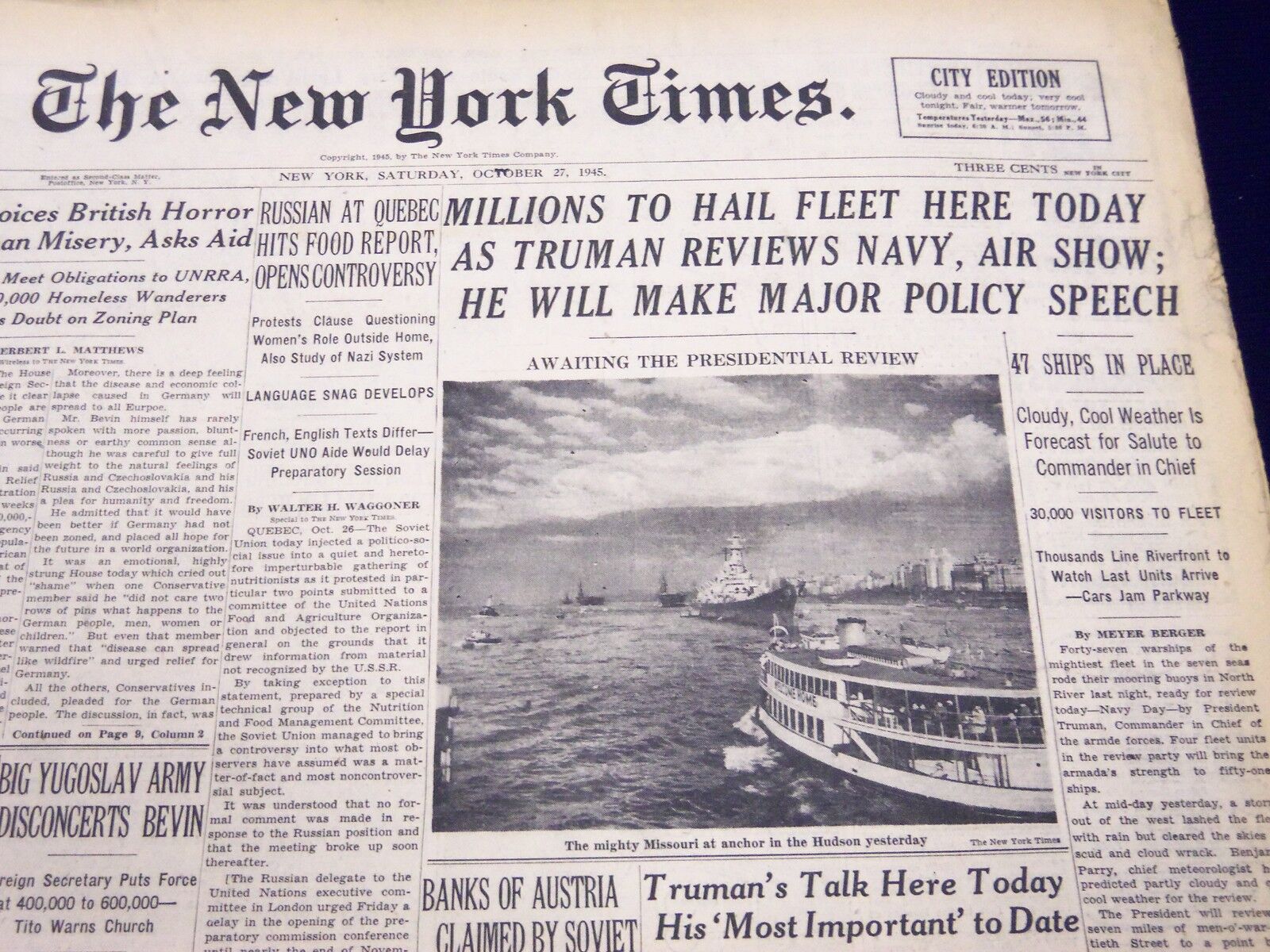 1945 OCT 27 NEW YORK TIMES - MILLIONS TO HAIL FLEET HERE TODAY - NT 246