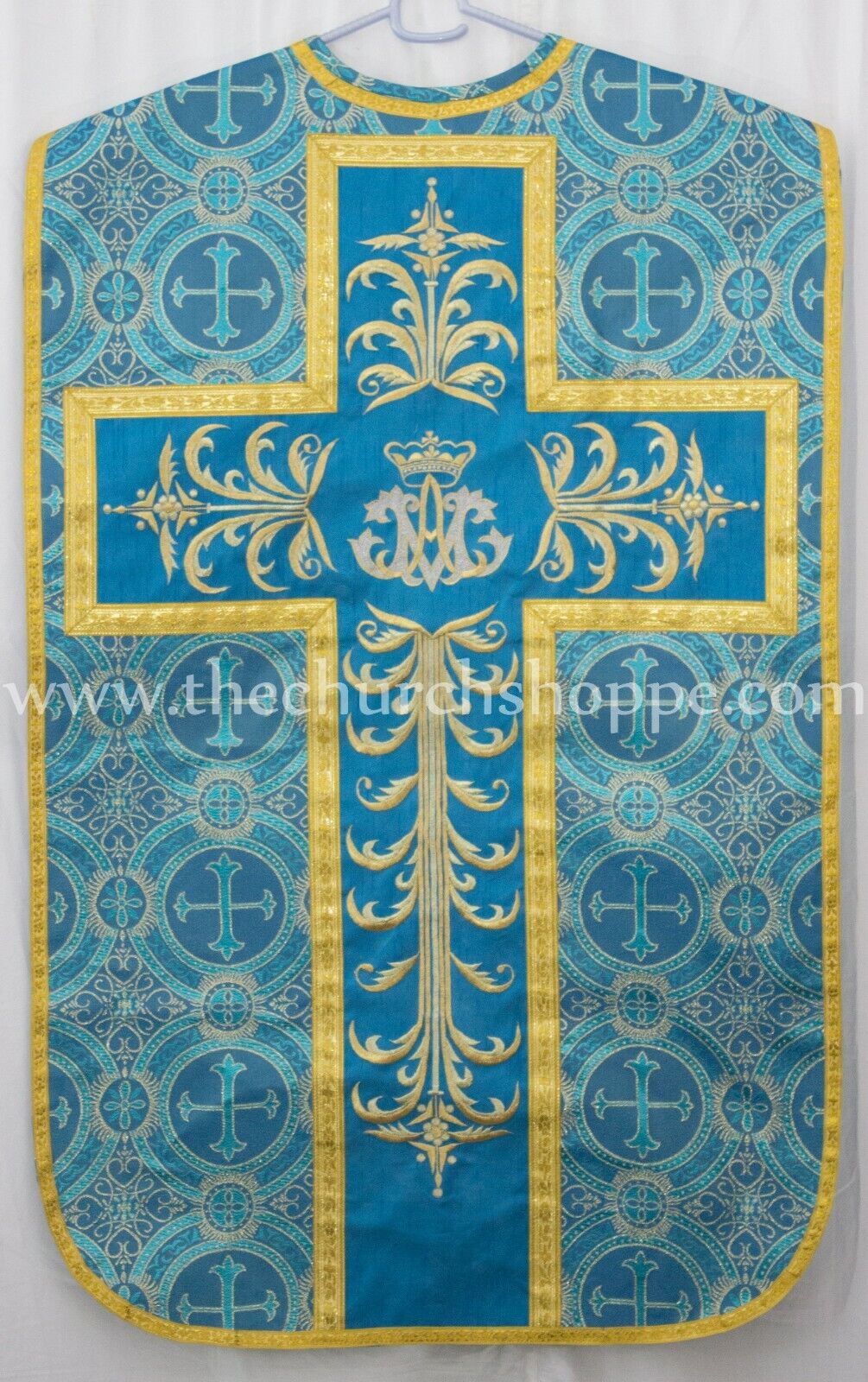 Metallic Marian Blue Roman Chasuble Fiddleback Vestment 5pc set,AM embroidery