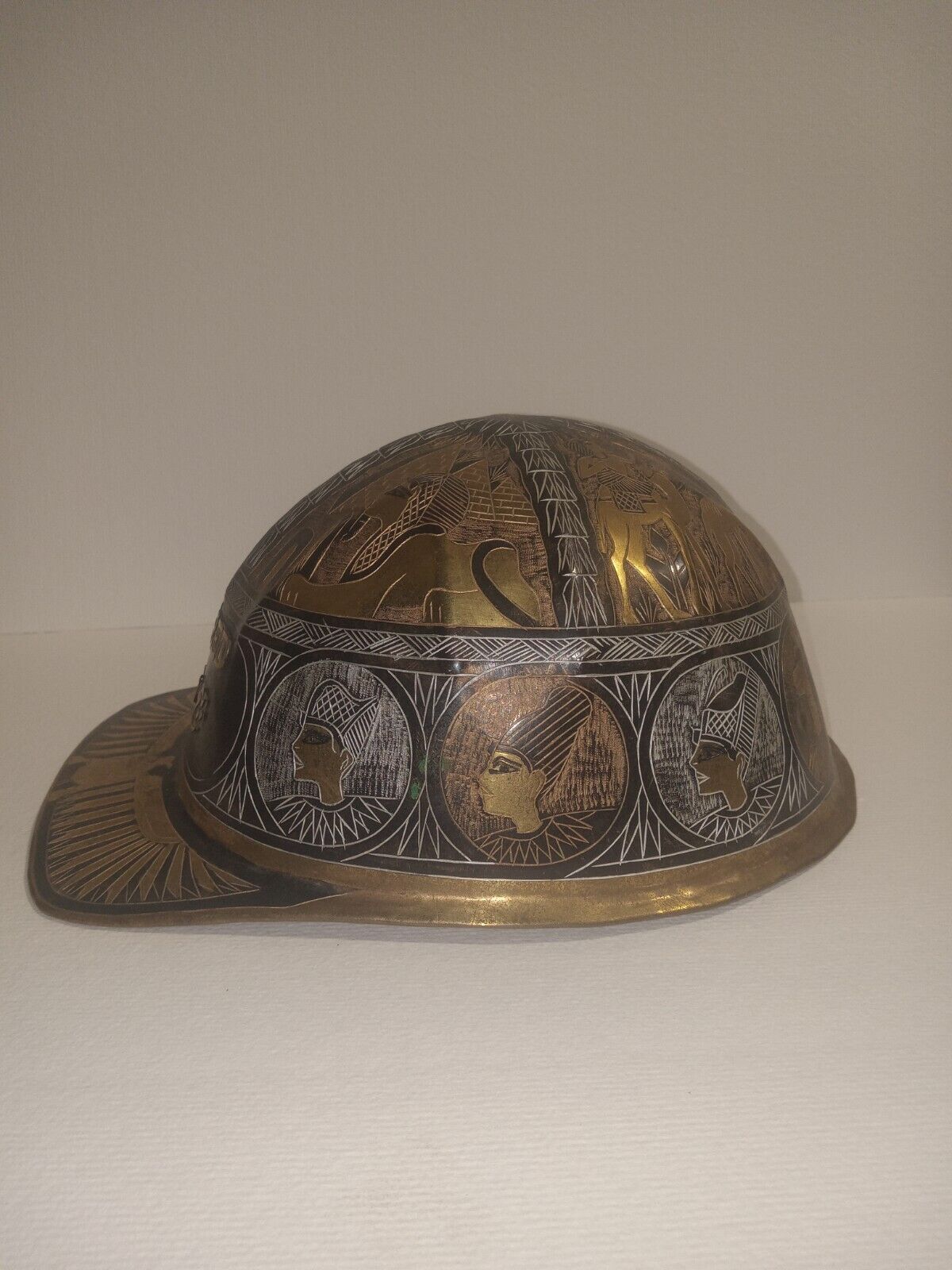 Vintage Egyptian Design Custom Hammered Etched,  Engraved Brass Hard Hat Oil Rig