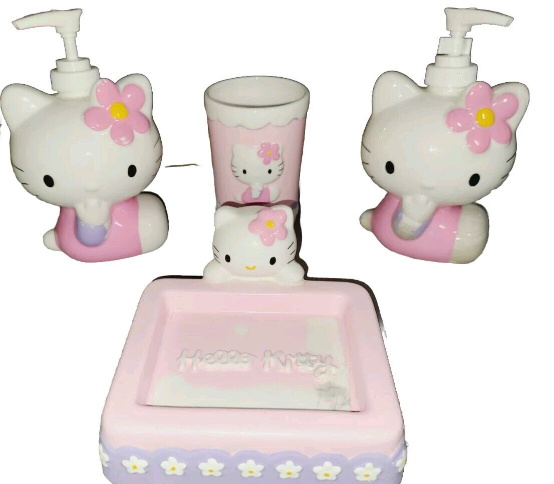VTG Hello Kitty Ceramic Bathroom Set Soap Dispensers, Soap Dish & Cup Sanrio