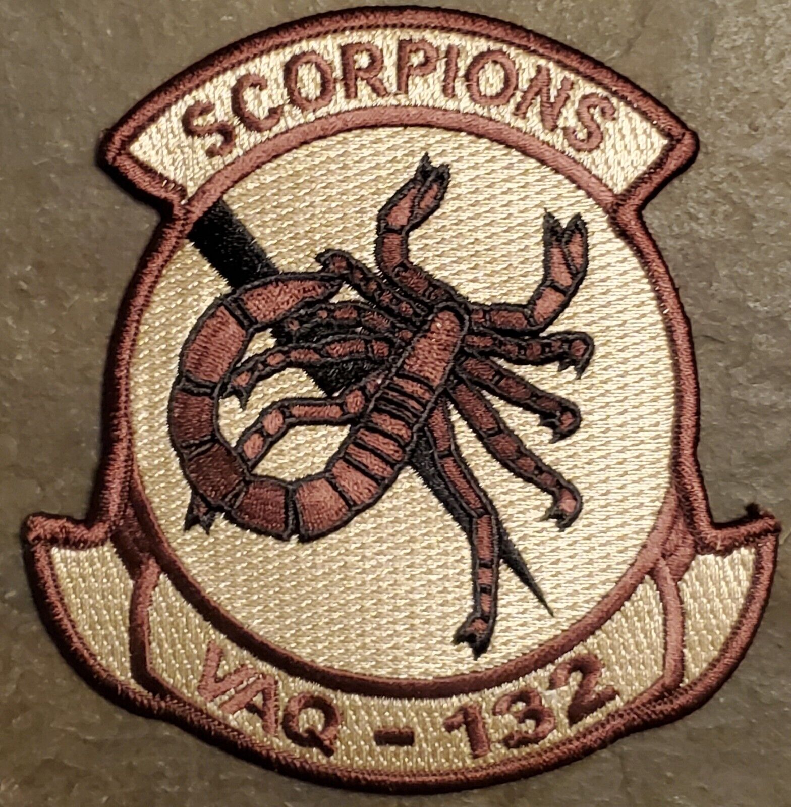 USN NAVY PATCH VAQ-132 ELECTROMAGNETIC ATTACK SQDN SCORPIONS SUBDUED DESERT NOS