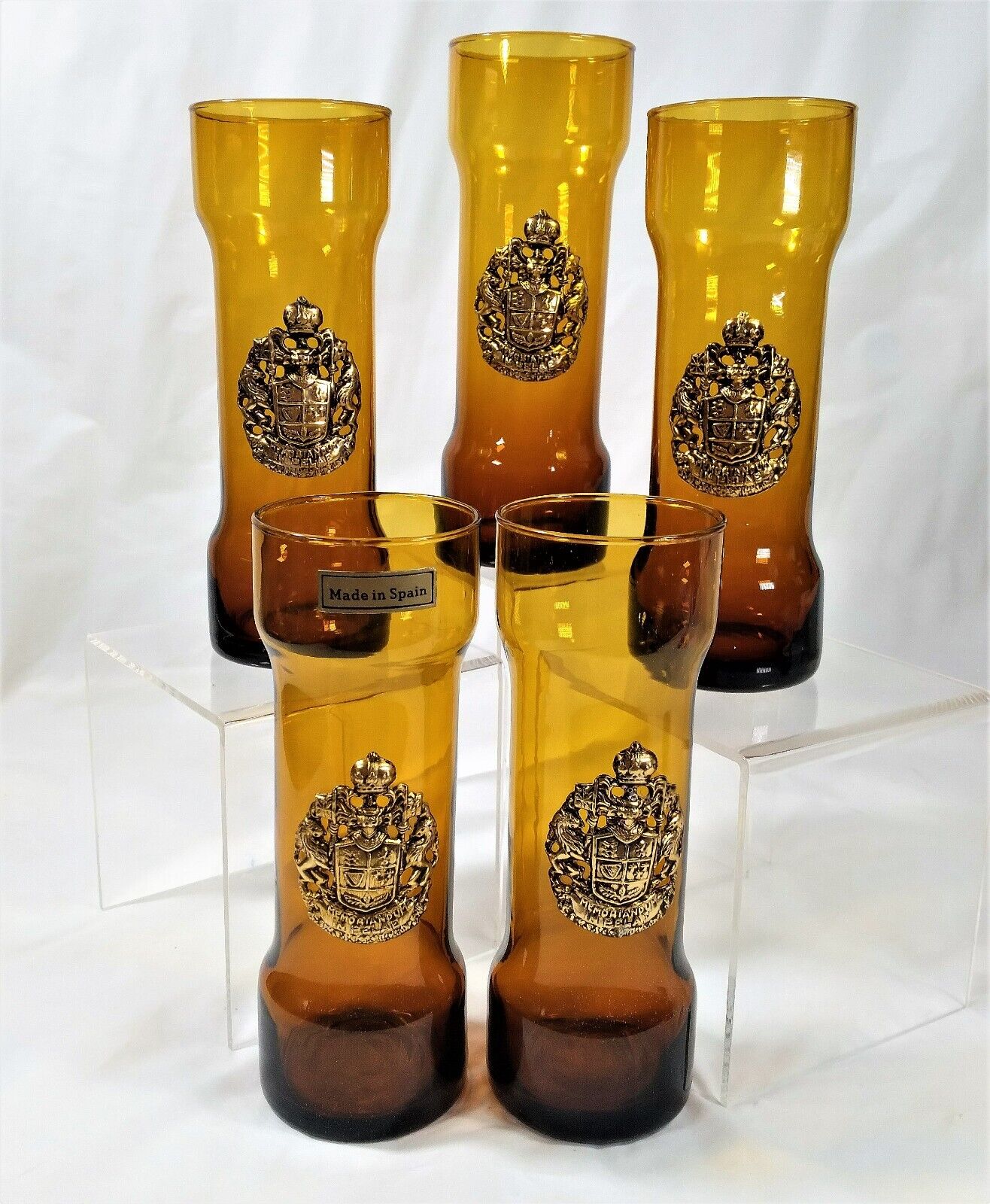 5 Spanish Amber Beer Glasses with Medallions 12 Oz. Pilsner Ale Pint Barware 7