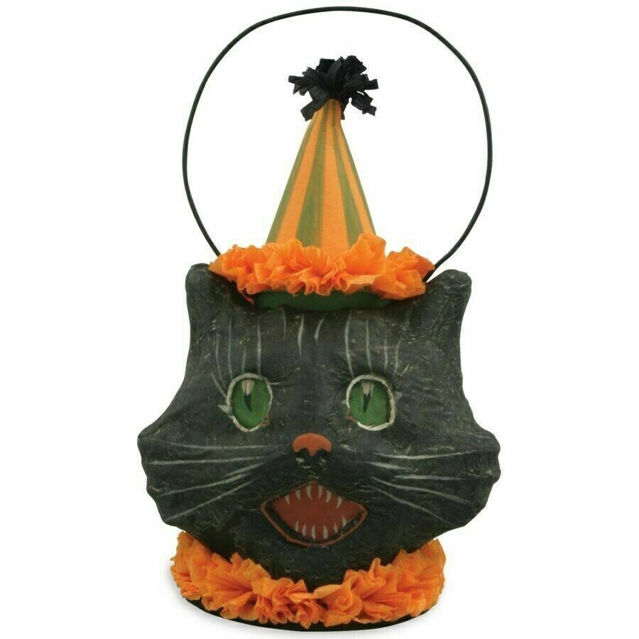 Retro Bethany Lowe Halloween Black Sassy Cat Mini Bucket Container Paper Mache
