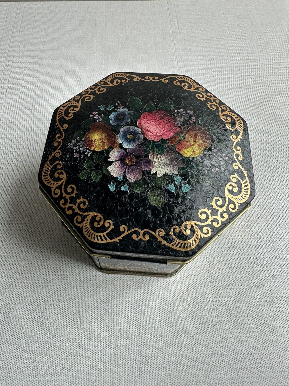 Vintage Black English Rose Floral and Gold Scroll Candy Tea Tin made in England