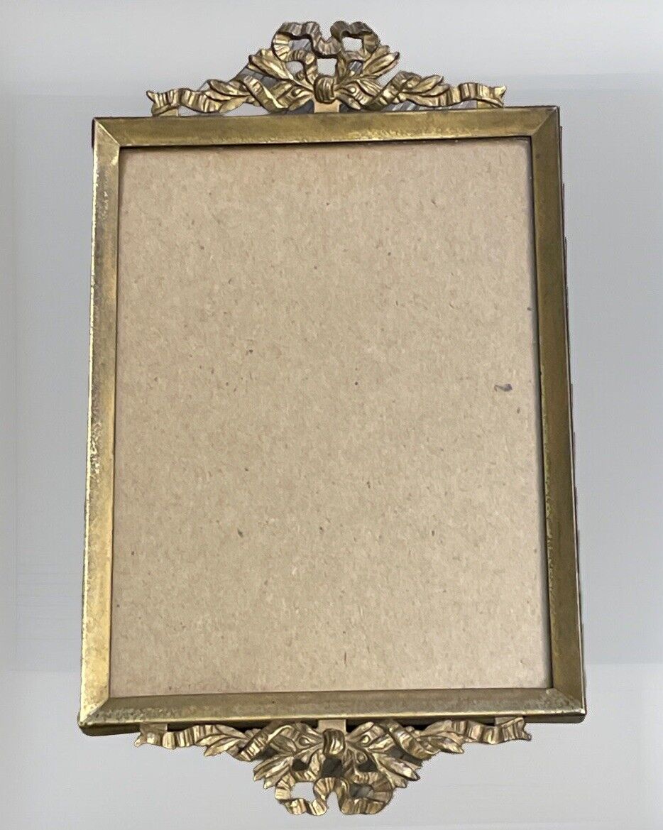Vtg Antique Ornate Gold Photo Frame Brass Ribbon Rare Double End Hanging Square