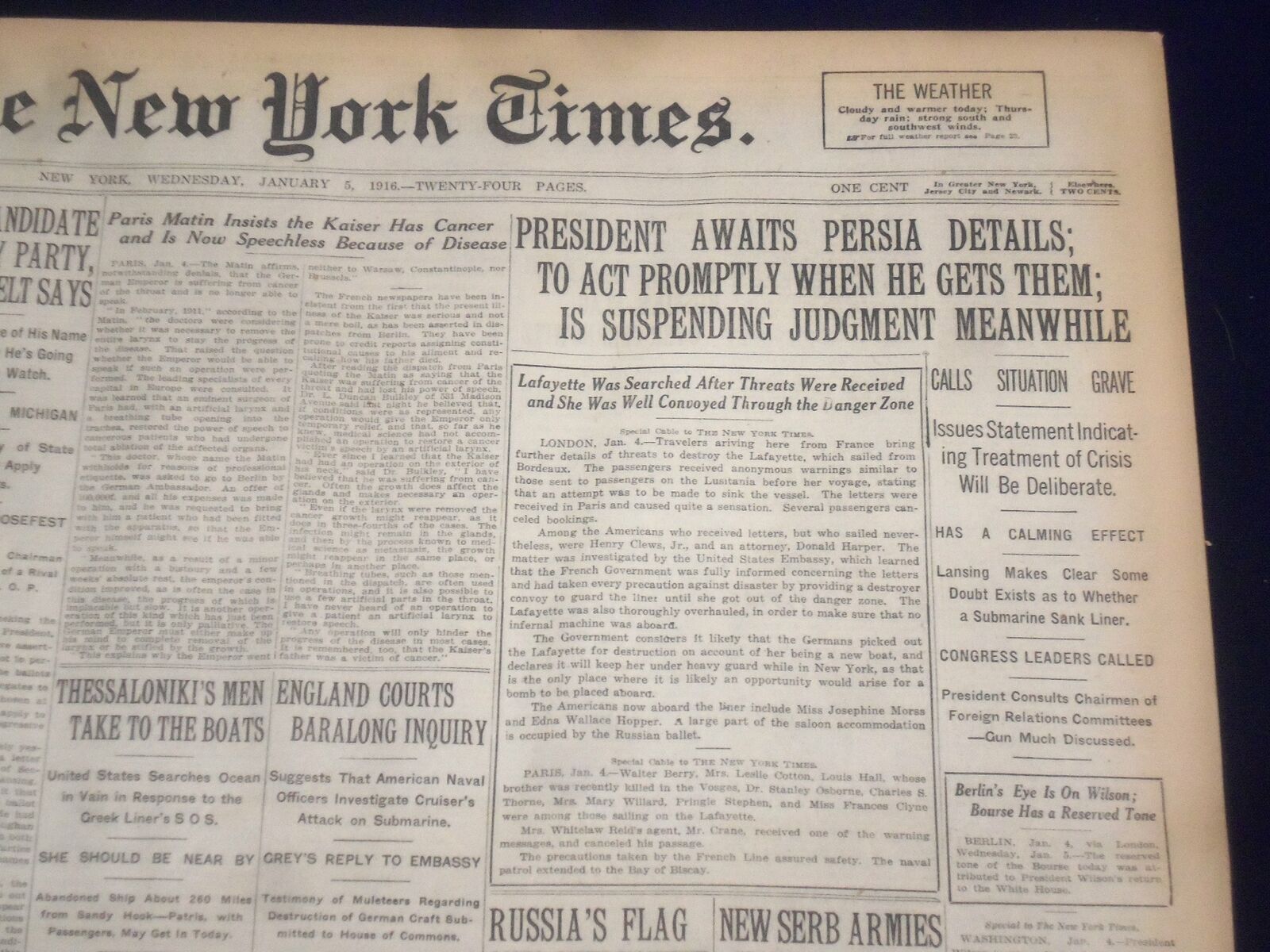 1916 JANUARY 5 NEW YORK TIMES - PRESIDENT AWAITS PERSIA DETAILS - NT 9052