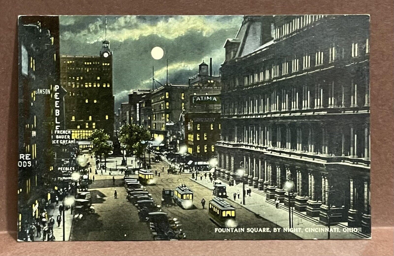 Postcard ~ CINCINNATI OHIO ~ FOUNTAIN SQUARE by Night ~ Full Moon ~ 1910\'s ~b