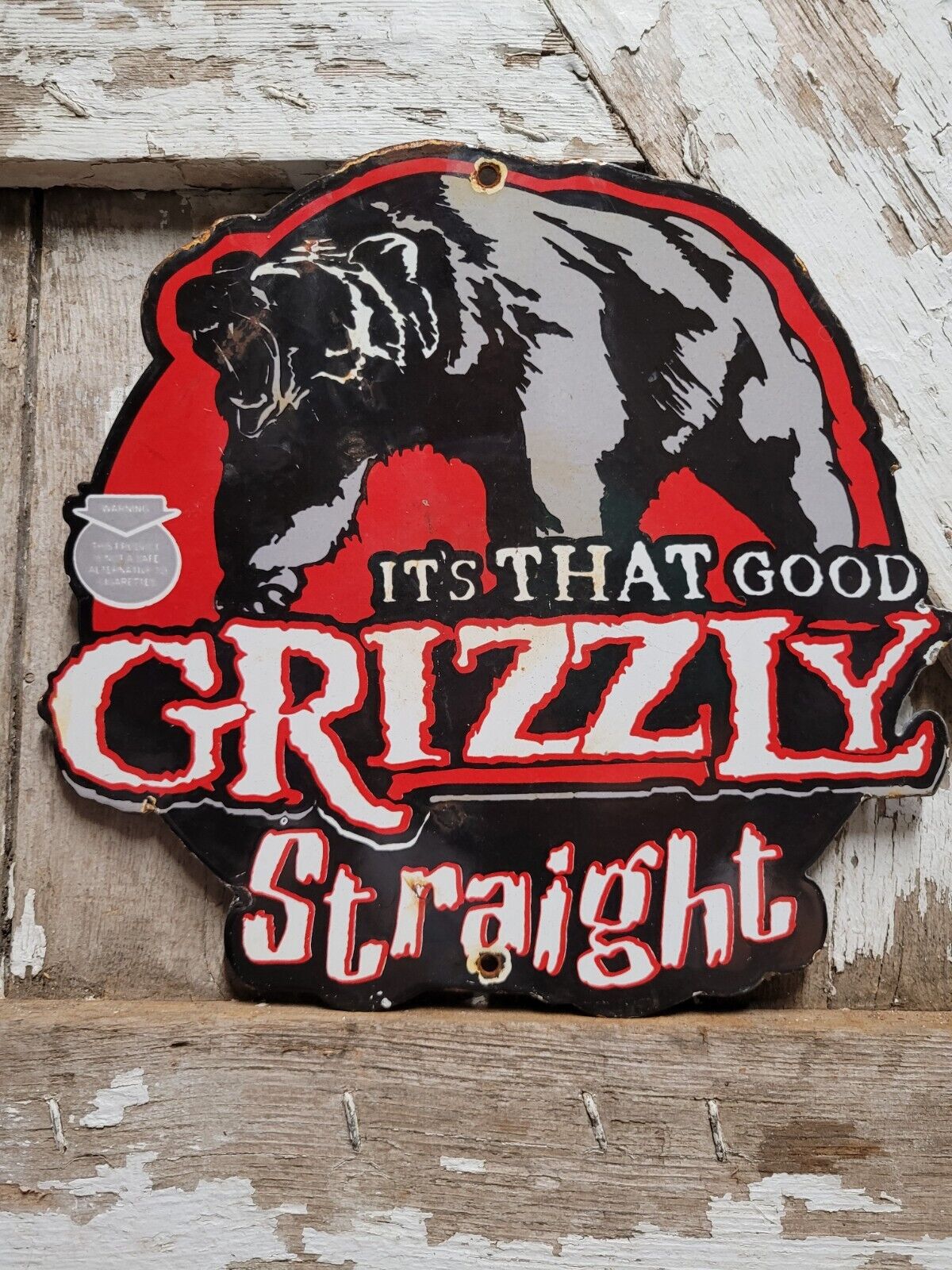 VINTAGE GRIZZLY STRAIGHT PORCELAIN SIGN CHEWING TOBACCO CIGARETTE SMOKING CIGAR