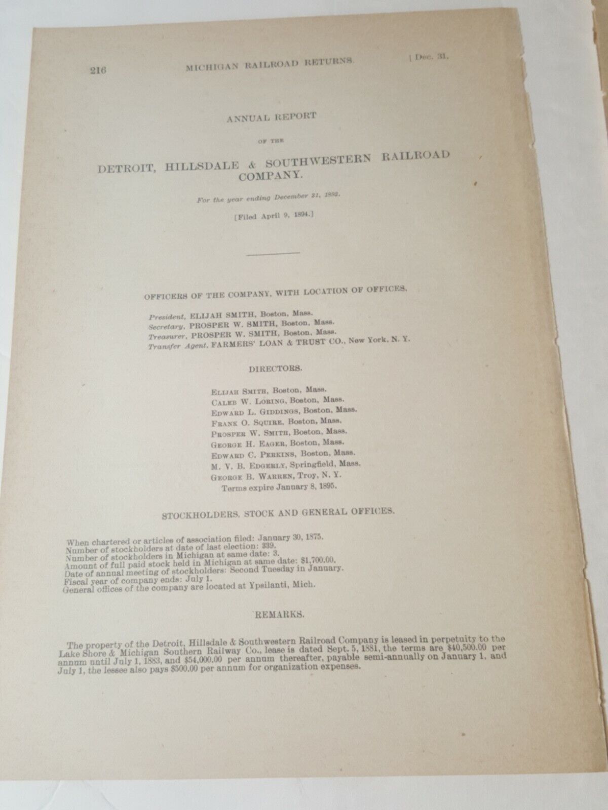 1894 train document DETROIT HILLSDALE & SOUTHWESTERN RAILROAD Michigan report