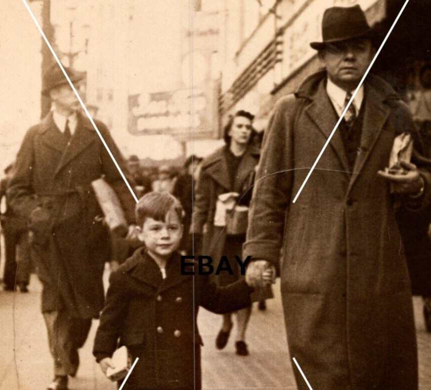 Vintage RPPC Postcard Father & Son Mainstreet Adults Walking