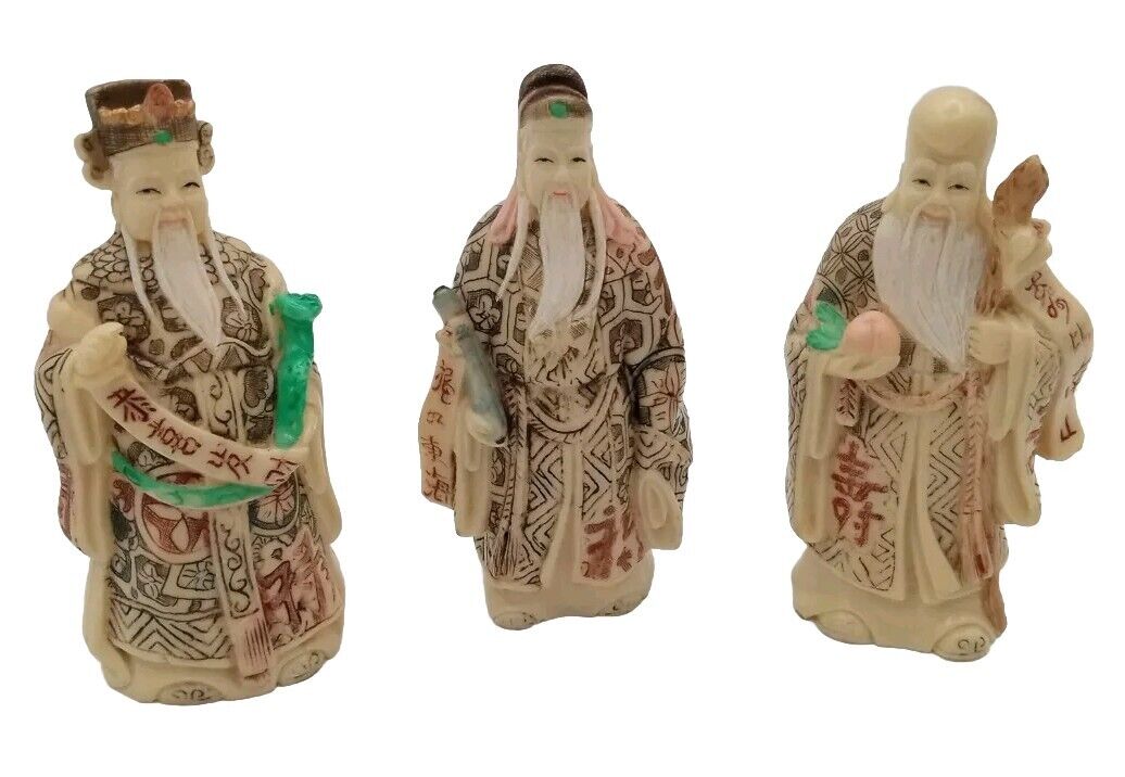 CHINESE WISE MEN Statues Fu Lu Shou three 3 Carved Resin Fuk Luk Sau Lucky Gods 