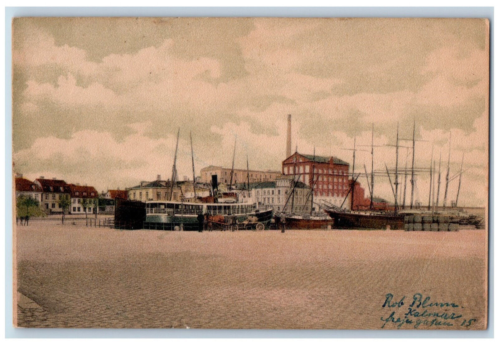 Sweden Postcard Scene of Boat Landing Steamboat Schooner Boat c1910 Posted
