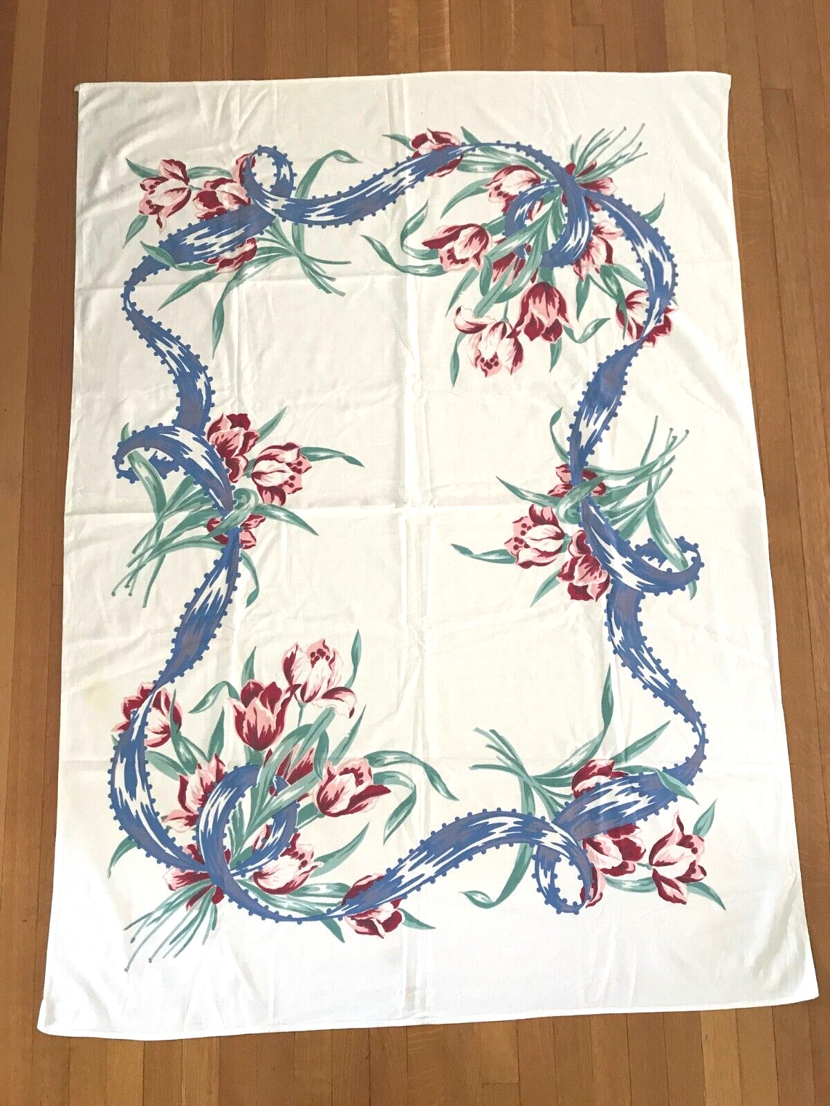 Vintage 1940s - 1950s Printed Tablecloth TULIP & RIBBON Pattern - PRETTY