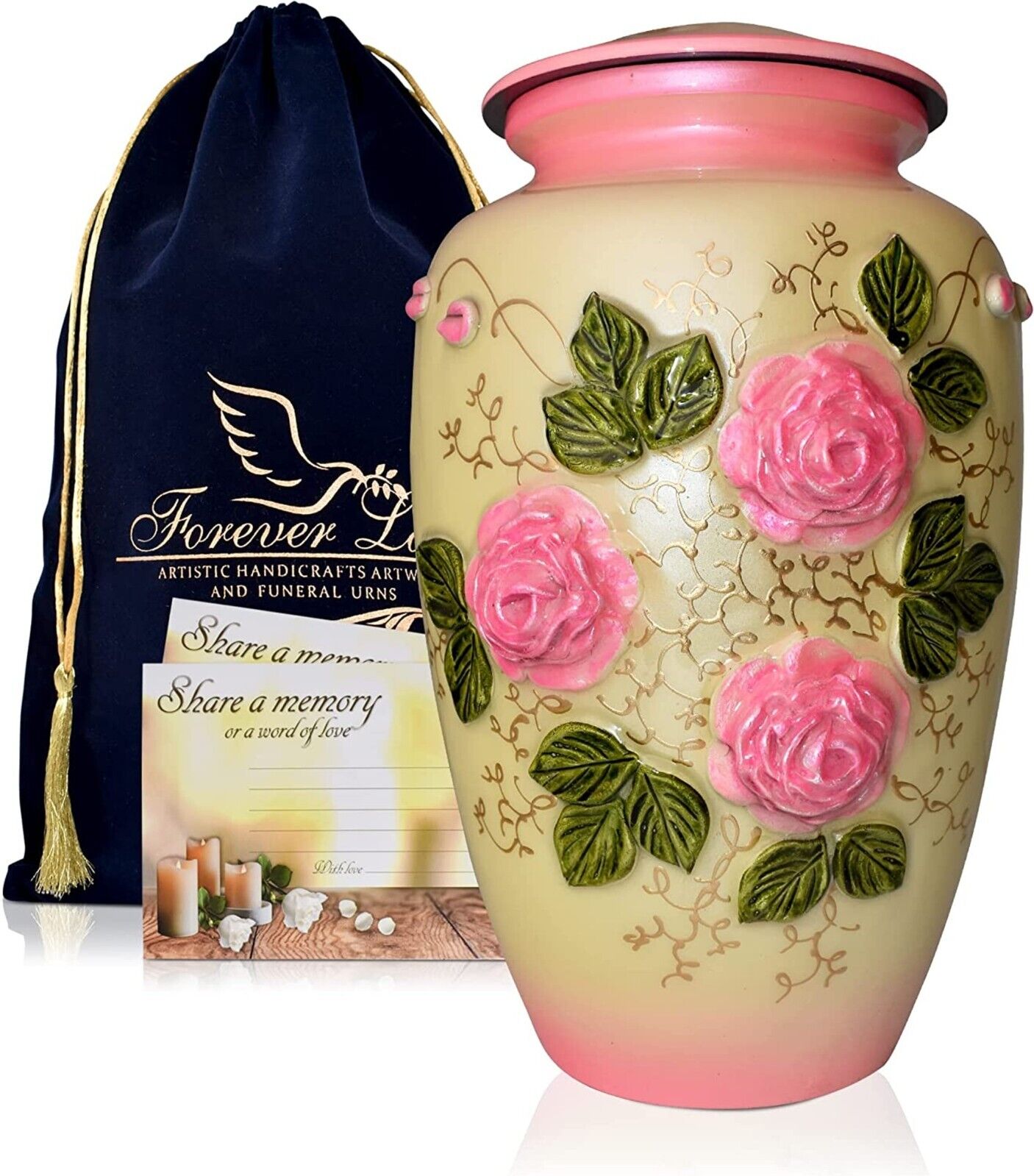 Cremation Urn for Adult Human Ashes - Decorative Pink Flowers with Velvet bag
