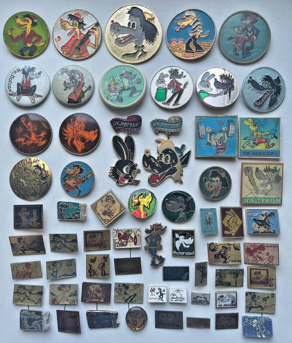Set 62 Vintage Badge Pin Kids Childrens Soviet Era USSR Cartoon \