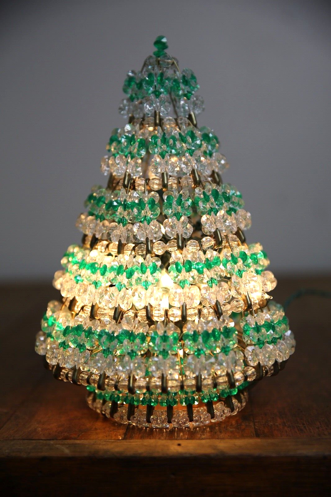 Vintage Mid Century Beaded Safety Pin Christmas Tree Green Clear Lights Lamp