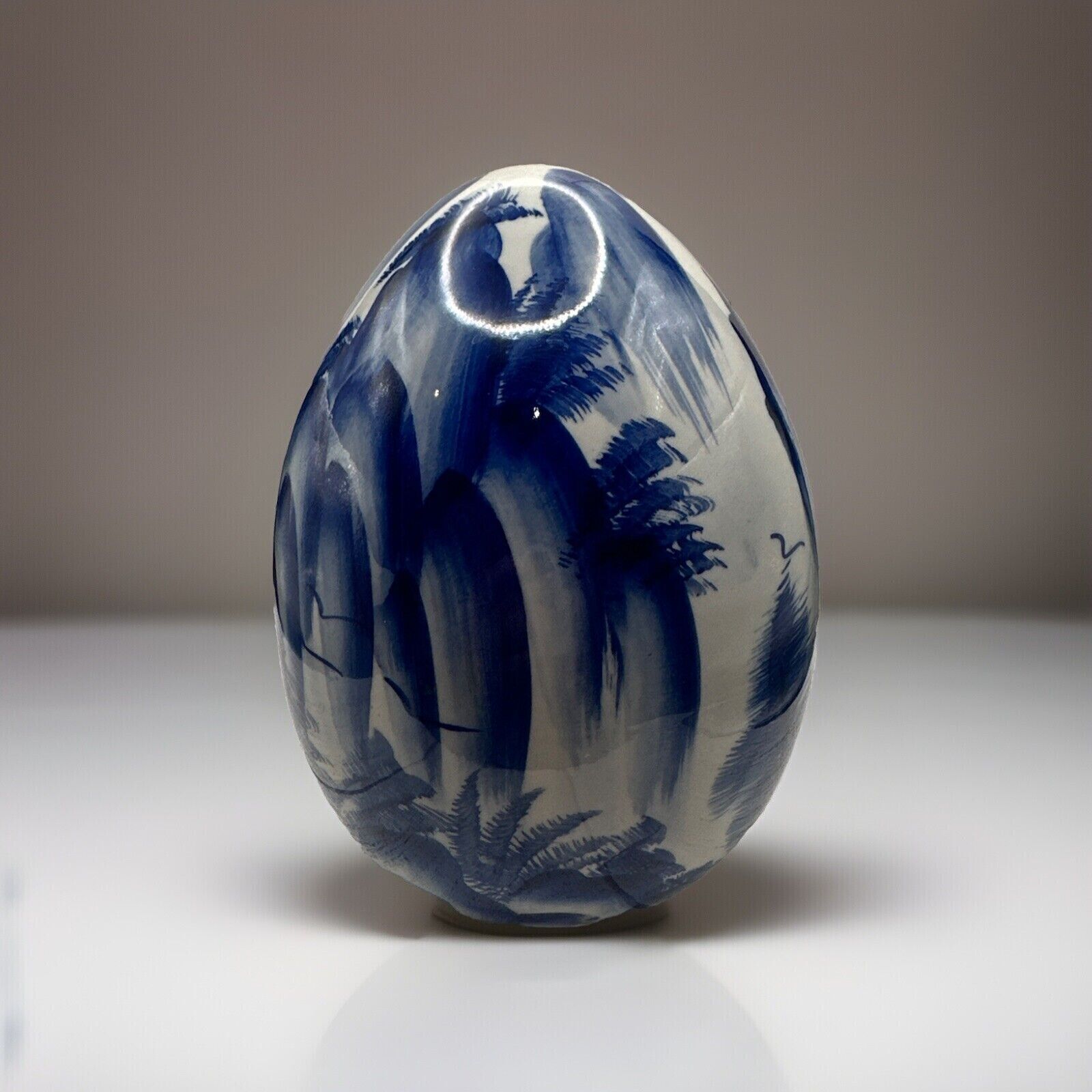Vintage Large Porcelain Hand Painted Asian Scene Blue White Egg 6”