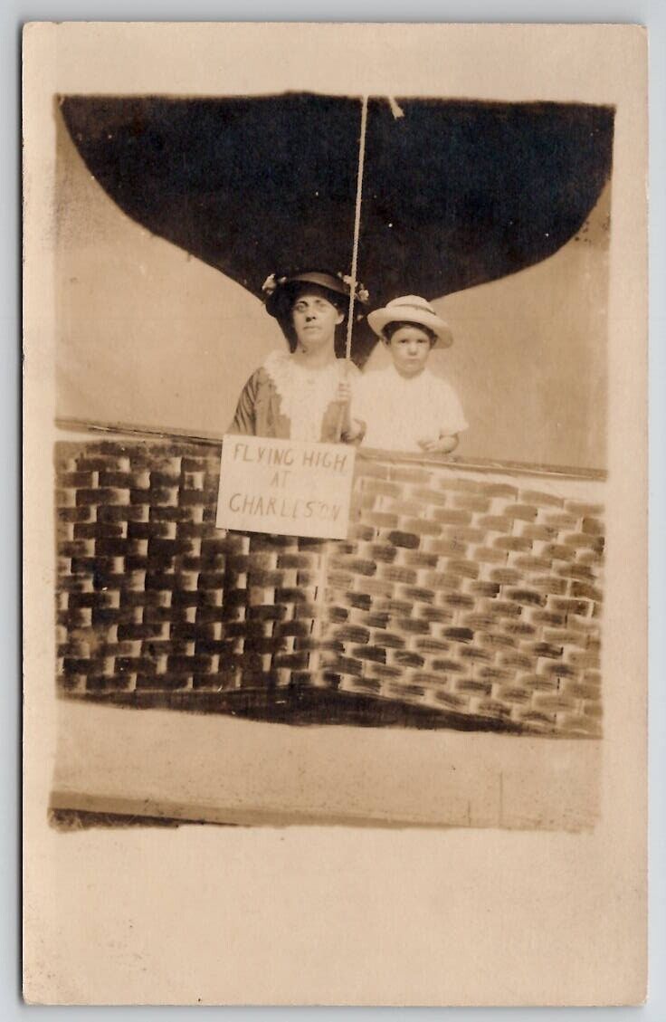 RPPC Hot Air Balloon Studio Prop Flying High Charleston Woman Boy Postcard V21