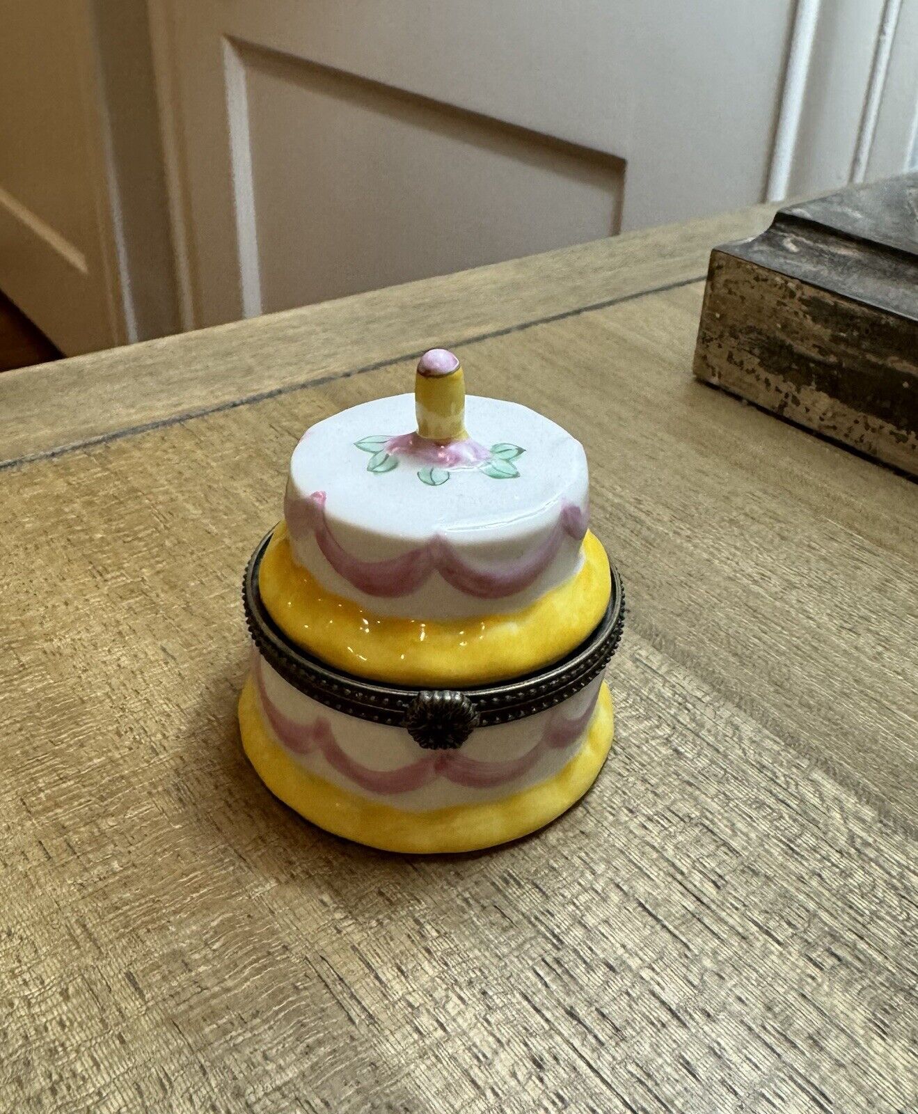 Vintage Hand Painted Porcelain Hinged Birthday Cake Trinket Box with Candle