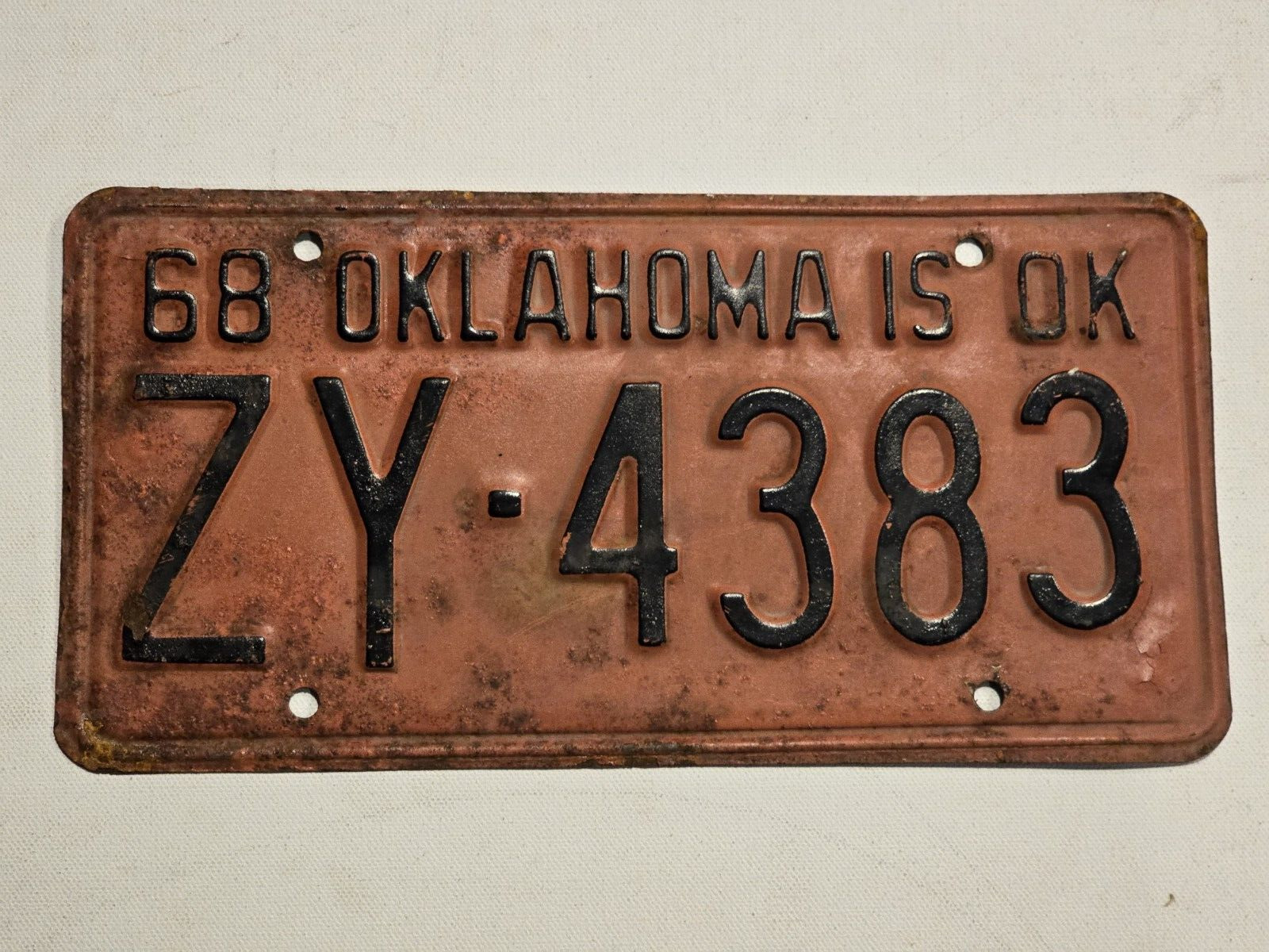 1968 Vintage License Plate #ZY-4383 Oklahoma IS OK Tag Vintage Garage-Man Cave