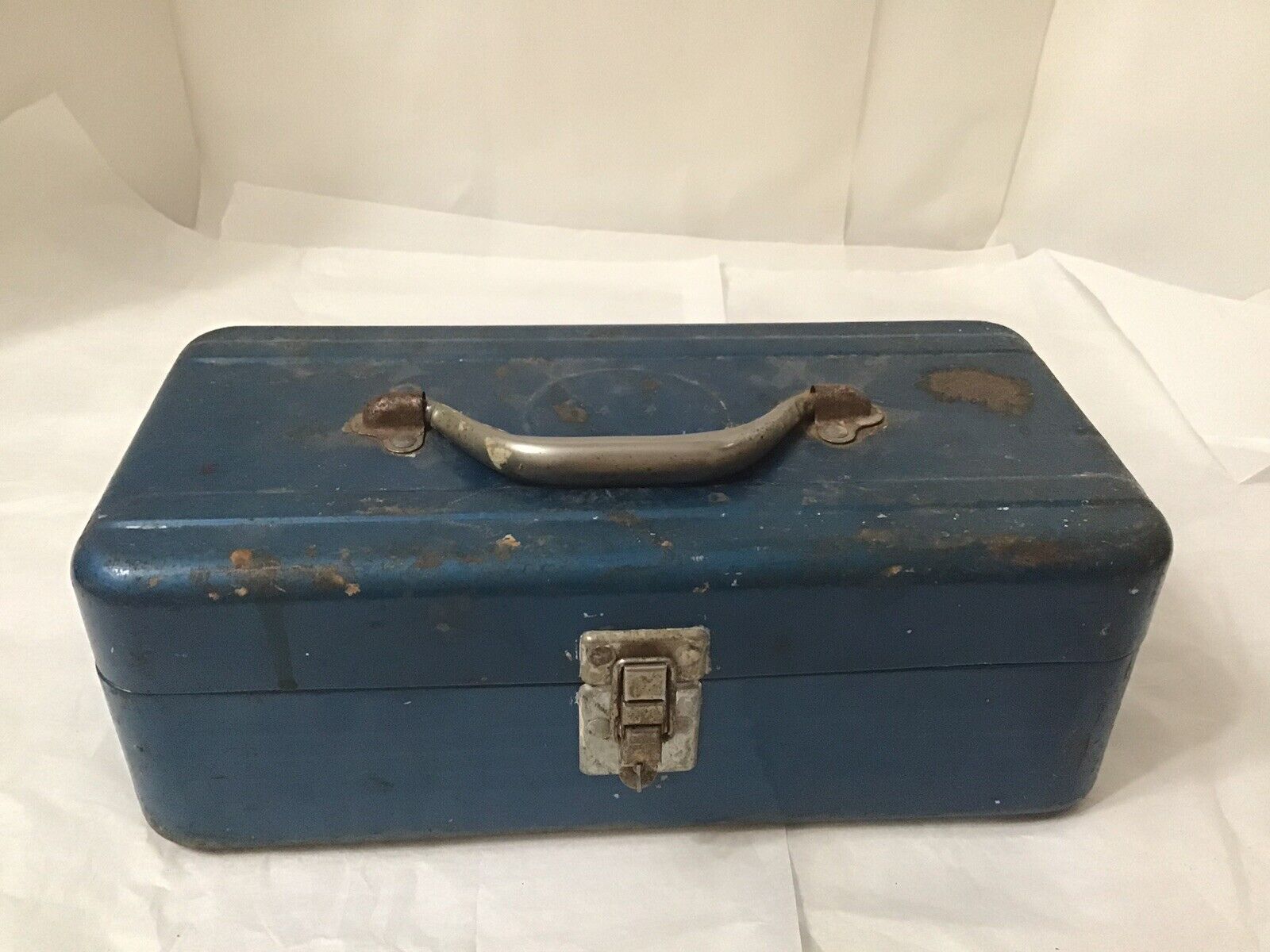 Vintage Blue Steel Tackle or Tool Box 13x7x5, 1 Small Bottom Corner Dent, Rusty