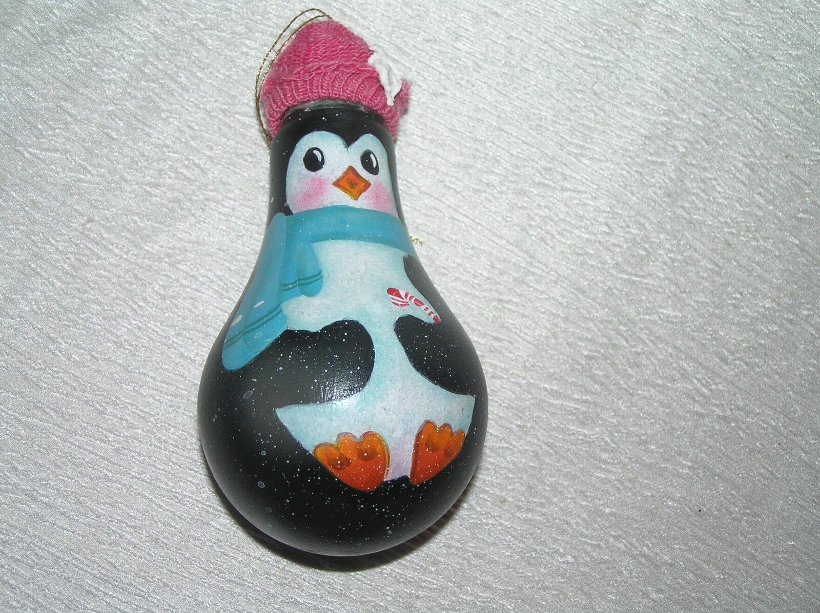 Repurposed Painted Penguin w Knit Cap Light Bulb Holiday Christmas Tree Ornament