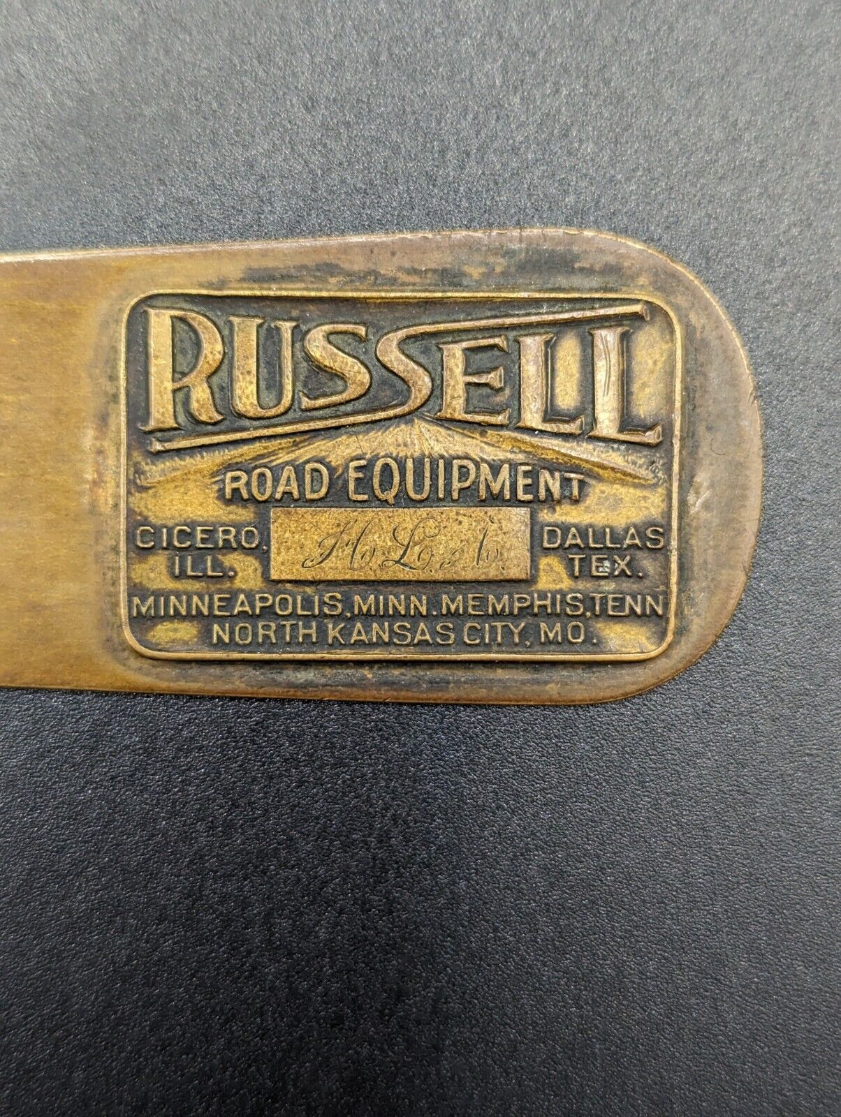 Antique Russell Road Equipment Letter Opener Genuine Bronze W&H.Co NJ VTG 