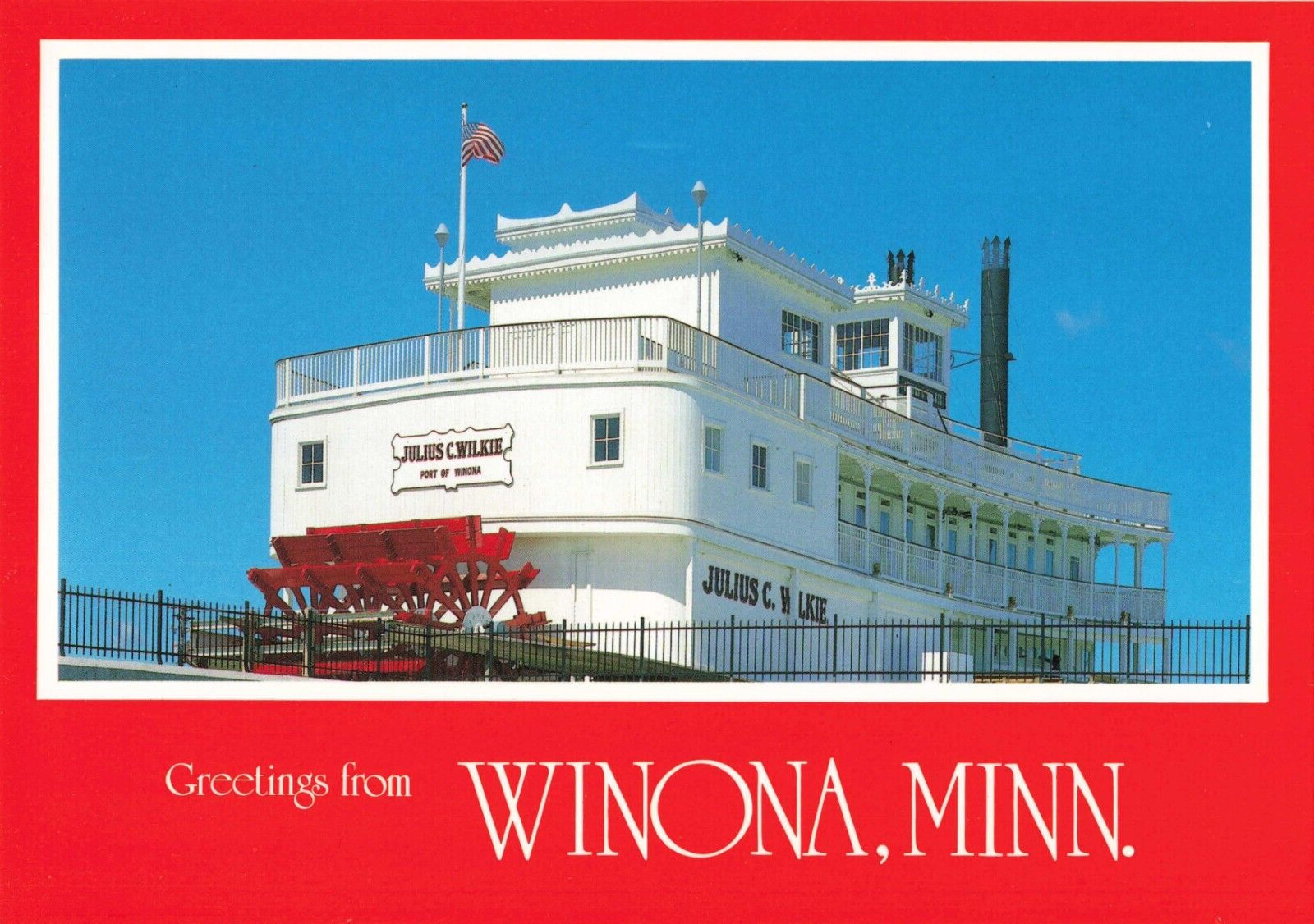 Winona MN Minnesota, Julius C. Wilkie Paddleboat Steamship, Vintage Postcard